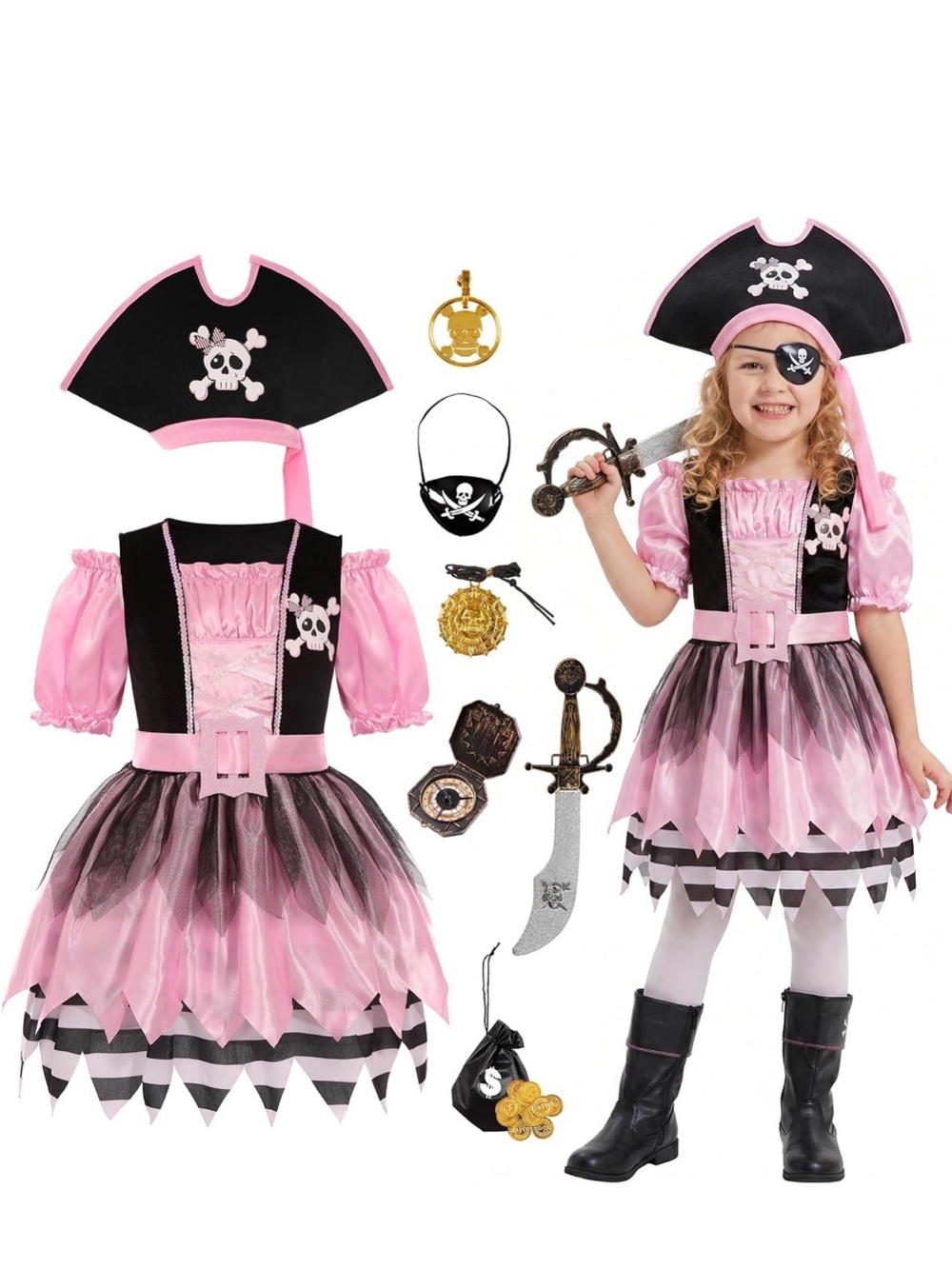 Pink Pirate Costume Dress with Accessories for Kids